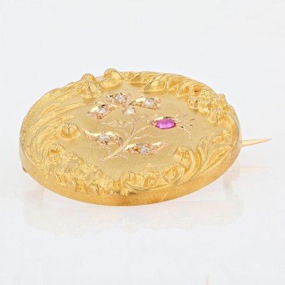 Belle Epoque French Ruby Diamond Floral Pattern 18 Karat Yellow Gold Brooch-OLU-1109107