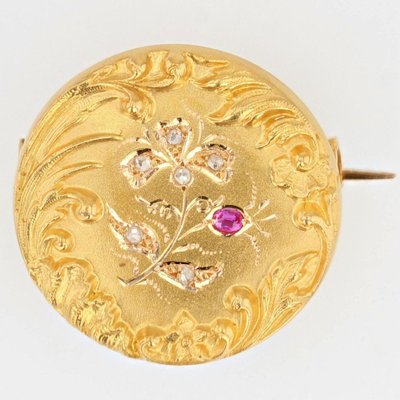 Belle Epoque French Ruby Diamond Floral Pattern 18 Karat Yellow Gold Brooch-OLU-1109107