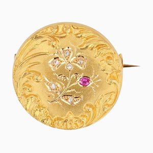 Belle Epoque French Ruby Diamond Floral Pattern 18 Karat Yellow Gold Brooch-OLU-1109107