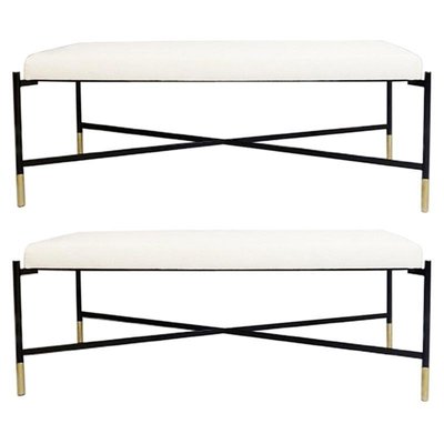 Bench in White Fabric with Black Metal Legs-FGA-923412