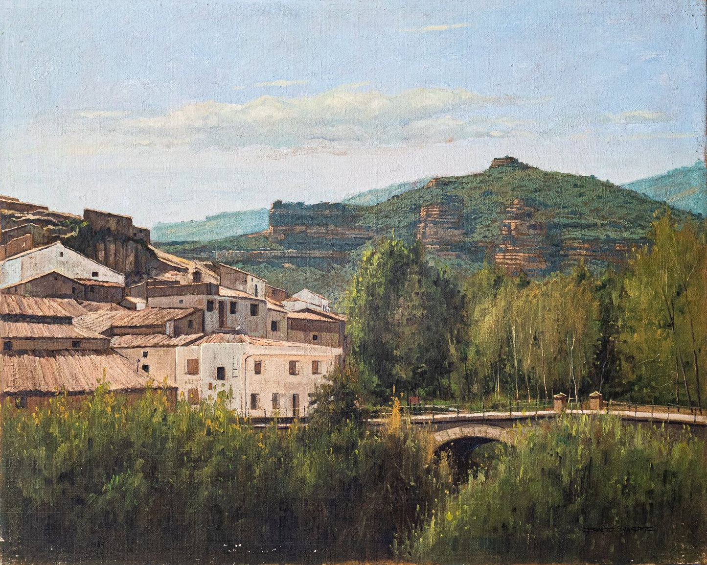 Benito Sanchez, Catalan Mountain Landscape with Bridge, 1970s, Oil on Canvas