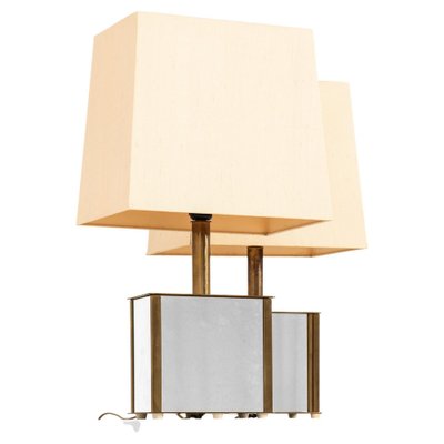 Bergboms Table Lamps in Brass, Mirrored Glass and Silk Shades, 1970s, Set of 2-SC-2039390