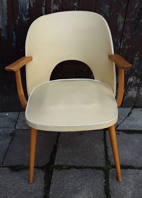 Berger-Shaped Armchair with Rounded Backrest in Light Beech with Yellow Vinyl & White Piping, 1960s