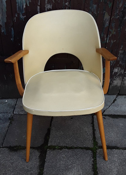 Berger-Shaped Armchair with Rounded Backrest in Light Beech with Yellow Vinyl & White Piping, 1960s