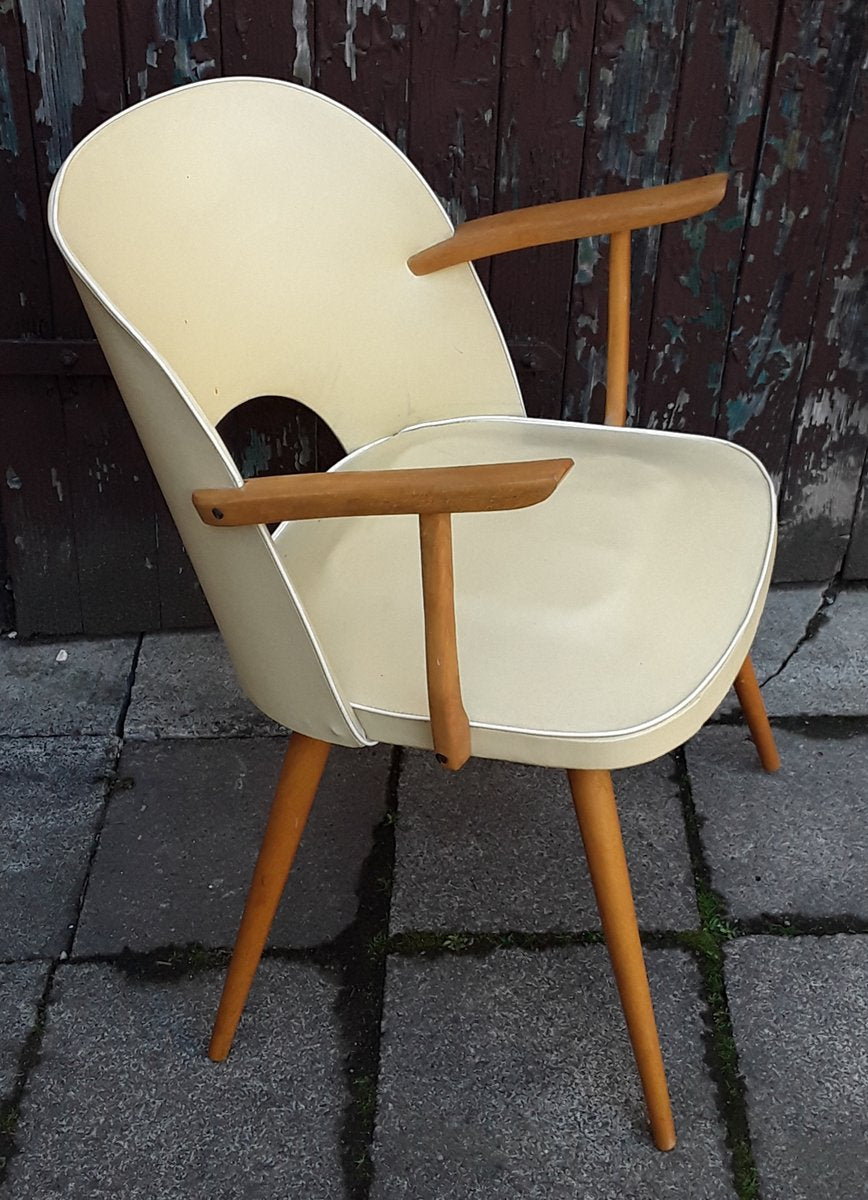 Berger-Shaped Armchair with Rounded Backrest in Light Beech with Yellow Vinyl & White Piping, 1960s