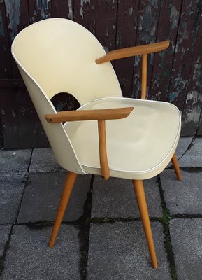 Berger-Shaped Armchair with Rounded Backrest in Light Beech with Yellow Vinyl & White Piping, 1960s