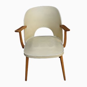 Berger-Shaped Armchair with Rounded Backrest in Light Beech with Yellow Vinyl & White Piping, 1960s-HOI-919608