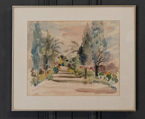 Bernadette Sers, Avenue of Cypresses, 20th Century, Watercolor on Paper, Framed-QKG-1738405