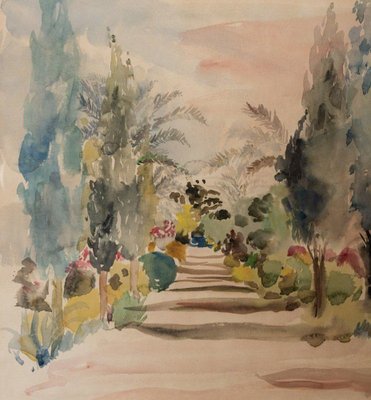 Bernadette Sers, Avenue of Cypresses, 20th Century, Watercolor on Paper, Framed-QKG-1738405