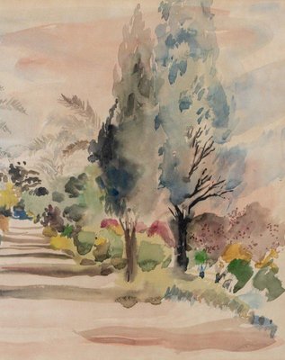 Bernadette Sers, Avenue of Cypresses, 20th Century, Watercolor on Paper, Framed-QKG-1738405