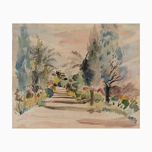 Bernadette Sers, Avenue of Cypresses, 20th Century, Watercolor on Paper, Framed-QKG-1738405