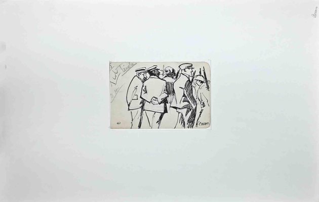 Bernard Bécan, A La Guerre, Original China Ink Drawing, Mid-20th-Century-ZCI-1277265