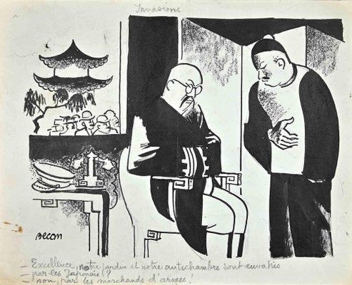 Bernard Bécan, Serving the Chinese Khan, Original Drawing, Mid 20th-Century-ZCI-1297889