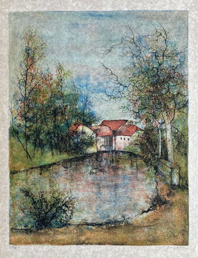 Bernard Gantner, Maisons au bord de la mare, 1975, Lithograph on Japan Paper