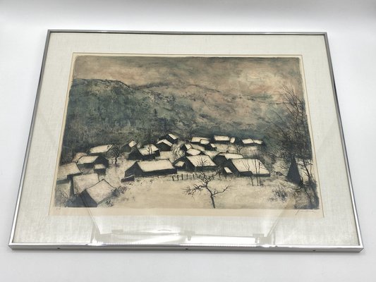 Bernard Gantner, Winter Landscape with Village, Color Lithograph, 20th Century-CZ-1822858