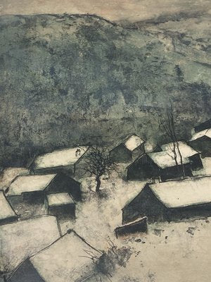 Bernard Gantner, Winter Landscape with Village, Color Lithograph, 20th Century-CZ-1822858