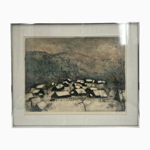 Bernard Gantner, Winter Landscape with Village, Color Lithograph, 20th Century-CZ-1822858