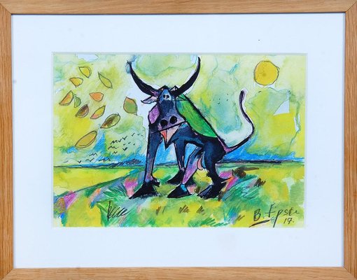 Bernhard Lipsøe, Bull, Watercolor Painting, Framed-MTD-1399981