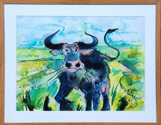 Bernhard Lipsøe, Bull, Watercolor Painting, Framed-MTD-1399978