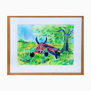 Bernhard Lipsøe, Bull, Watercolor Painting, Framed-MTD-1399980