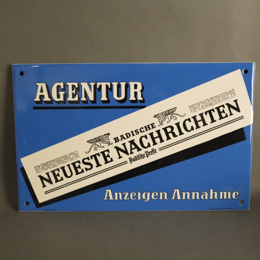 Beveled Enamel Badische Neueste Nachrichten Advertising Sign from C. Robert Dold Offenburg, 1950s