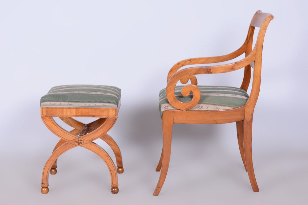 Biedermeier Armchairs with Stool, Beech, Oak & Cherry, Austria, 1830s, Set of 2