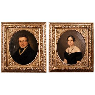 Biedermeier Artist, Portrait of a Couple, 19th Century, Oil on Canvas Paintings, Framed, Set of 2-FLW-1401845