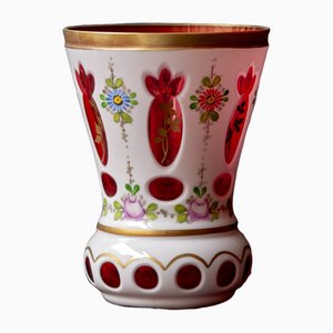 Biedermeier White Overlaid Clear Glass with Gold and Flower Motifs Painted Enamel, Deep Cut Lenses and Gold Red Vase, 1890s-XGI-2033907