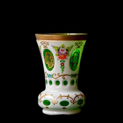 Biedermeier White Overlaid Clear Yellow Glass, Glass with Gold and Flower Motifs Painted Enamel, Deep Cut Lenses and Gold Green Vase, 1890s-XGI-2017550