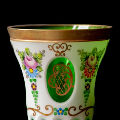 Biedermeier White Overlaid Clear Yellow Glass, Glass with Gold and Flower Motifs Painted Enamel, Deep Cut Lenses and Gold Green Vase, 1890s-XGI-2017550