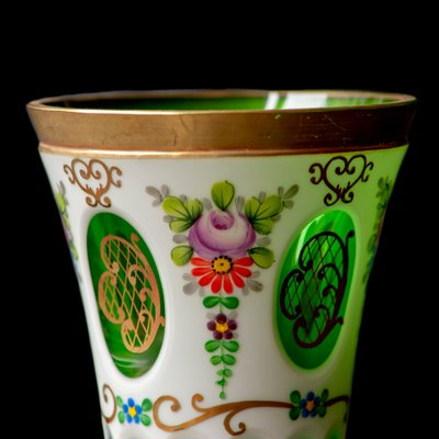 Biedermeier White Overlaid Clear Yellow Glass, Glass with Gold and Flower Motifs Painted Enamel, Deep Cut Lenses and Gold Green Vase, 1890s-XGI-2017550