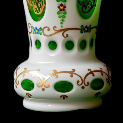 Biedermeier White Overlaid Clear Yellow Glass, Glass with Gold and Flower Motifs Painted Enamel, Deep Cut Lenses and Gold Green Vase, 1890s-XGI-2017550