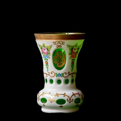 Biedermeier White Overlaid Clear Yellow Glass, Glass with Gold and Flower Motifs Painted Enamel, Deep Cut Lenses and Gold Green Vase, 1890s-XGI-2017550