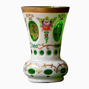 Biedermeier White Overlaid Clear Yellow Glass, Glass with Gold and Flower Motifs Painted Enamel, Deep Cut Lenses and Gold Green Vase, 1890s-XGI-2017550