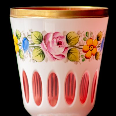 Biedermeier White Overlaid Clear Yellow Glass, Glass with Gold and Flower Motifs Painted Enamel, Deep Cut Lenses and Gold Red Vase, 1890s-XGI-2017549