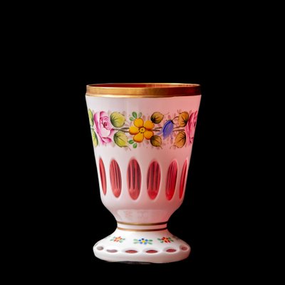 Biedermeier White Overlaid Clear Yellow Glass, Glass with Gold and Flower Motifs Painted Enamel, Deep Cut Lenses and Gold Red Vase, 1890s-XGI-2017549