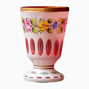 Biedermeier White Overlaid Clear Yellow Glass, Glass with Gold and Flower Motifs Painted Enamel, Deep Cut Lenses and Gold Red Vase, 1890s-XGI-2017549