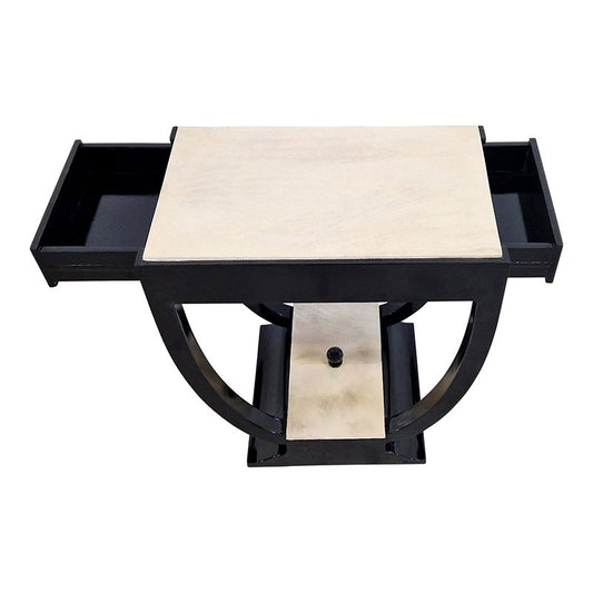 Bifacceral Table in Black Wood and Parchment with Drawers, 1980s