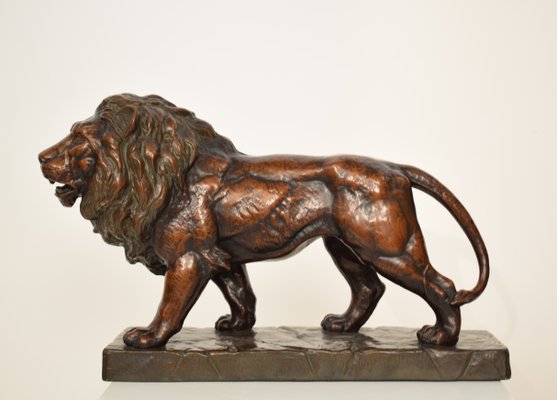 Big German Art Deco Lion Sculpture in Ceramic, Terracotta Copper, 1930-FB-882674