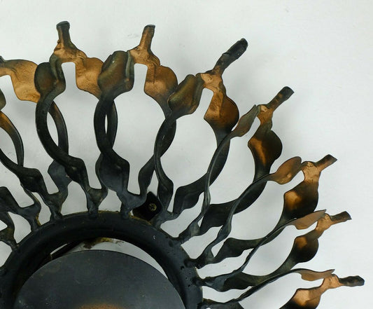 Big Mid-Century Brutalist Black & Copper Iron Sunburst Wall Lamp, 1960s