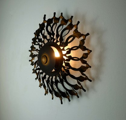 Big Mid-Century Brutalist Black & Copper Iron Sunburst Wall Lamp, 1960s-FH-1189154