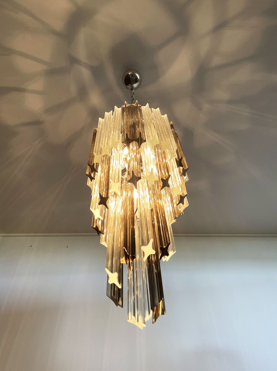 Big Murano Chandelier with 54 Quadriedri Prisms in Trasparent and Smoked, 1990s