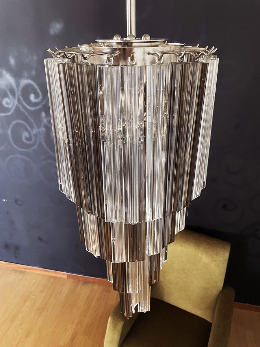 Big Murano Chandelier with 54 Quadriedri Prisms in Trasparent and Smoked, 1990s