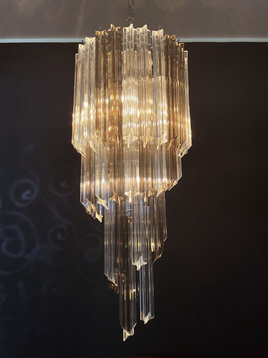 Big Murano Chandelier with 54 Quadriedri Prisms in Trasparent and Smoked, 1990s