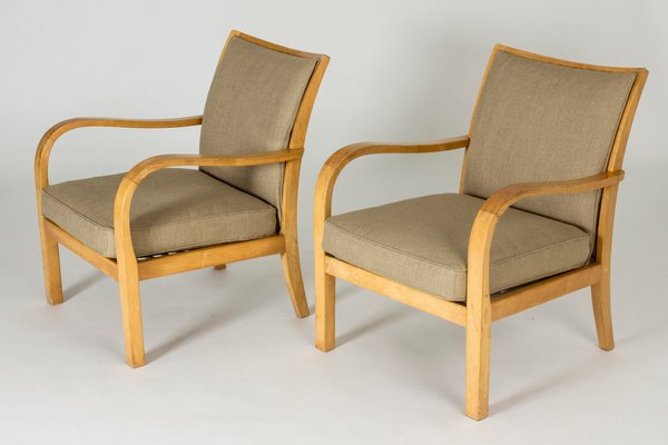 Birch and Linen Lounge Chairs by Axel Larsson for Bodafors, Sweden, 1930s, Set of 2-NL-787800