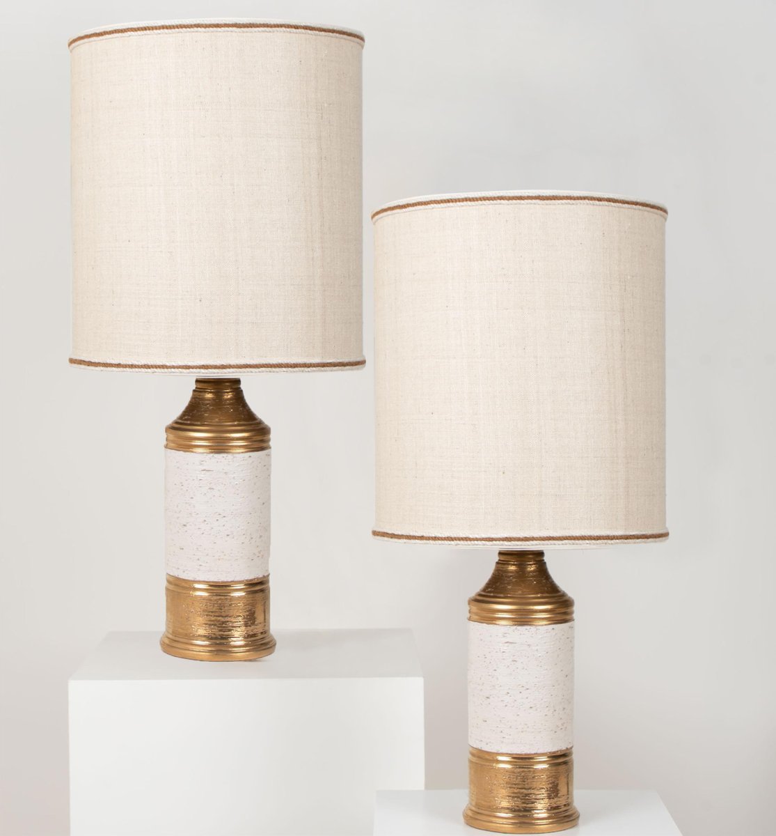 Birch Table Lamps with Silk Lampshade by Bitossi, 1960s, Set of 2