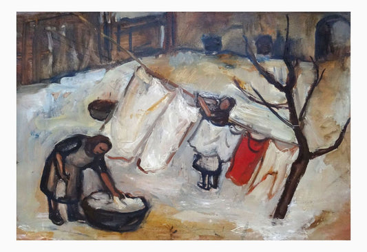 Biruta Baumane, The Laundry Is Drying, 1950s, Oil on Cardboard