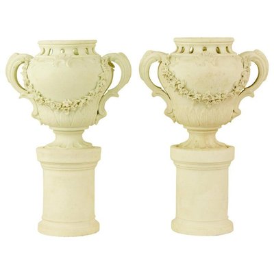 Biscuit Porcelain Vases on Separate Pedestals, France, Set of 2-KMT-942507