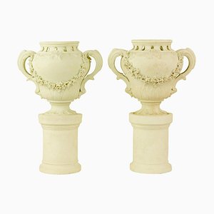 Biscuit Porcelain Vases on Separate Pedestals, France, Set of 2-KMT-942507