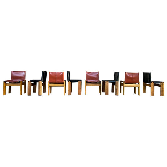 Black and Brick Leather and Walnut Monk Dining Chairs by Afra and Tobia Scarpa for Molteni, 1973, Set of 8